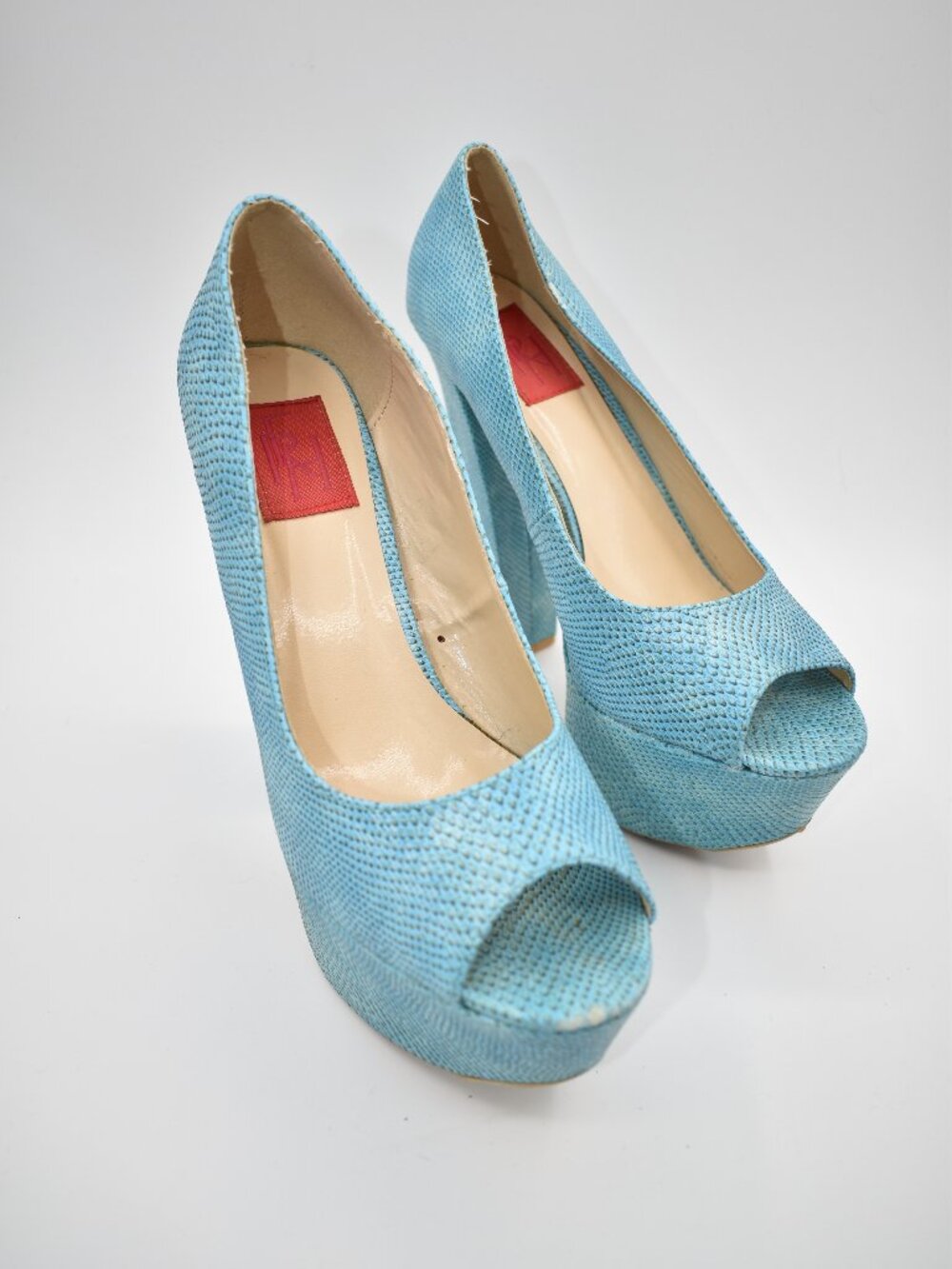 Women 7.5 Blue Platform Heels Peep Toe Chunky High Heel Y2K with box